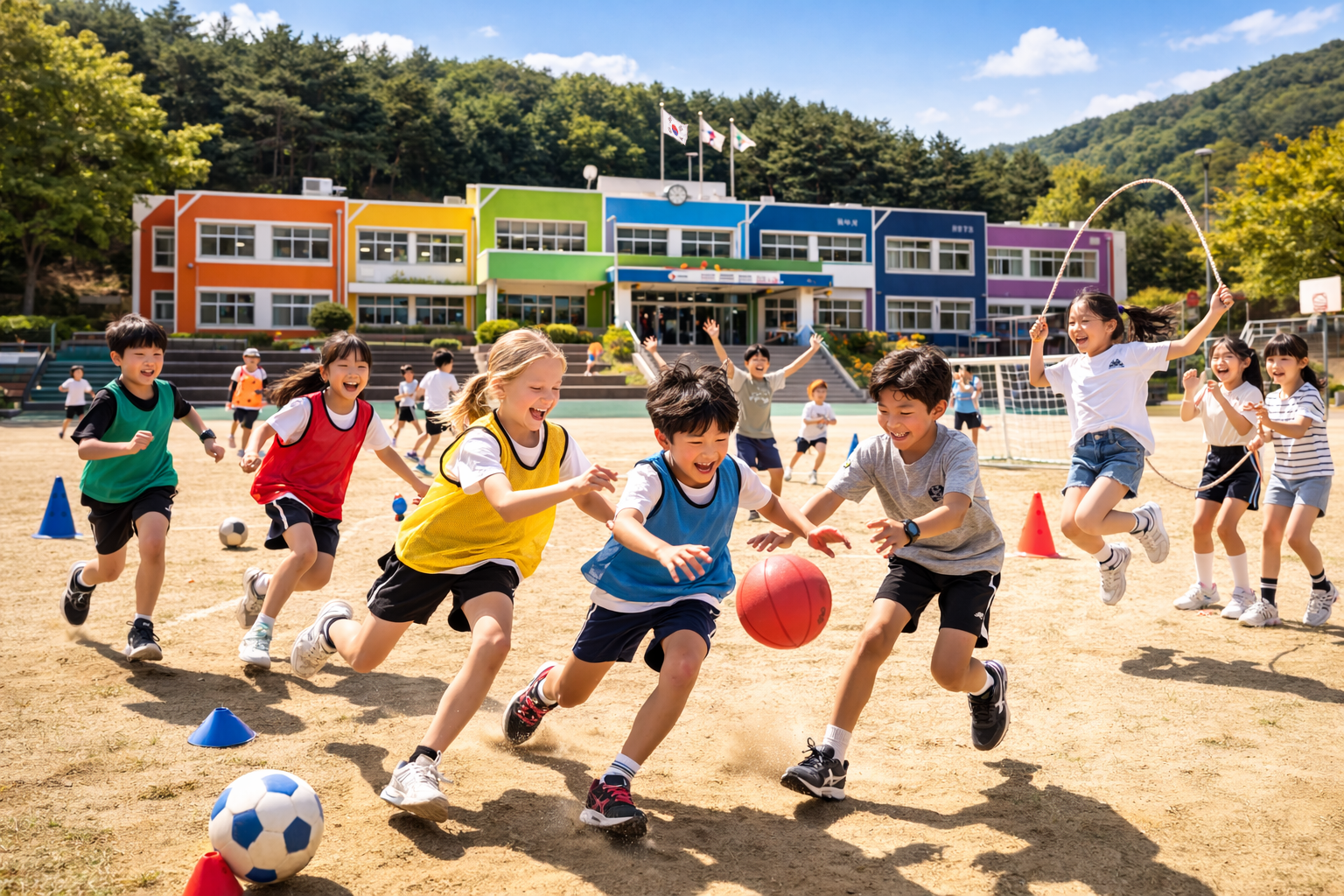 Children playing together at Sonyang Elementary school yard with Korean national flags and colorful school building