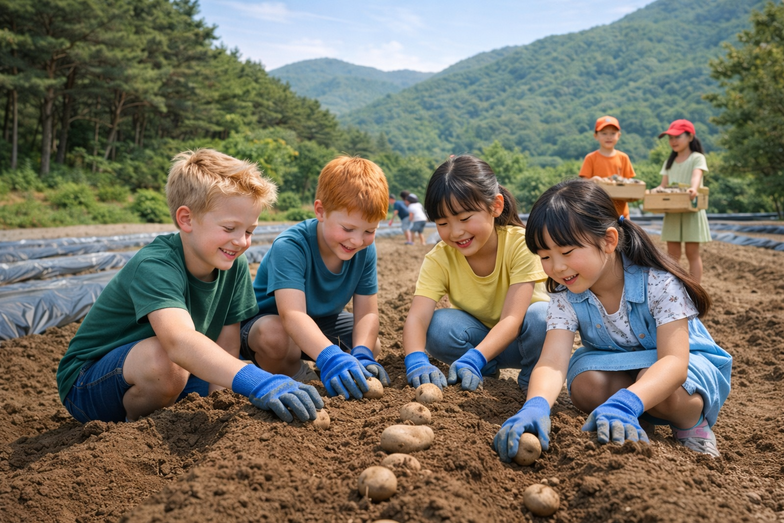 Children planting potatoes in a farm field with lush green Gangwon-do mountains in the background
