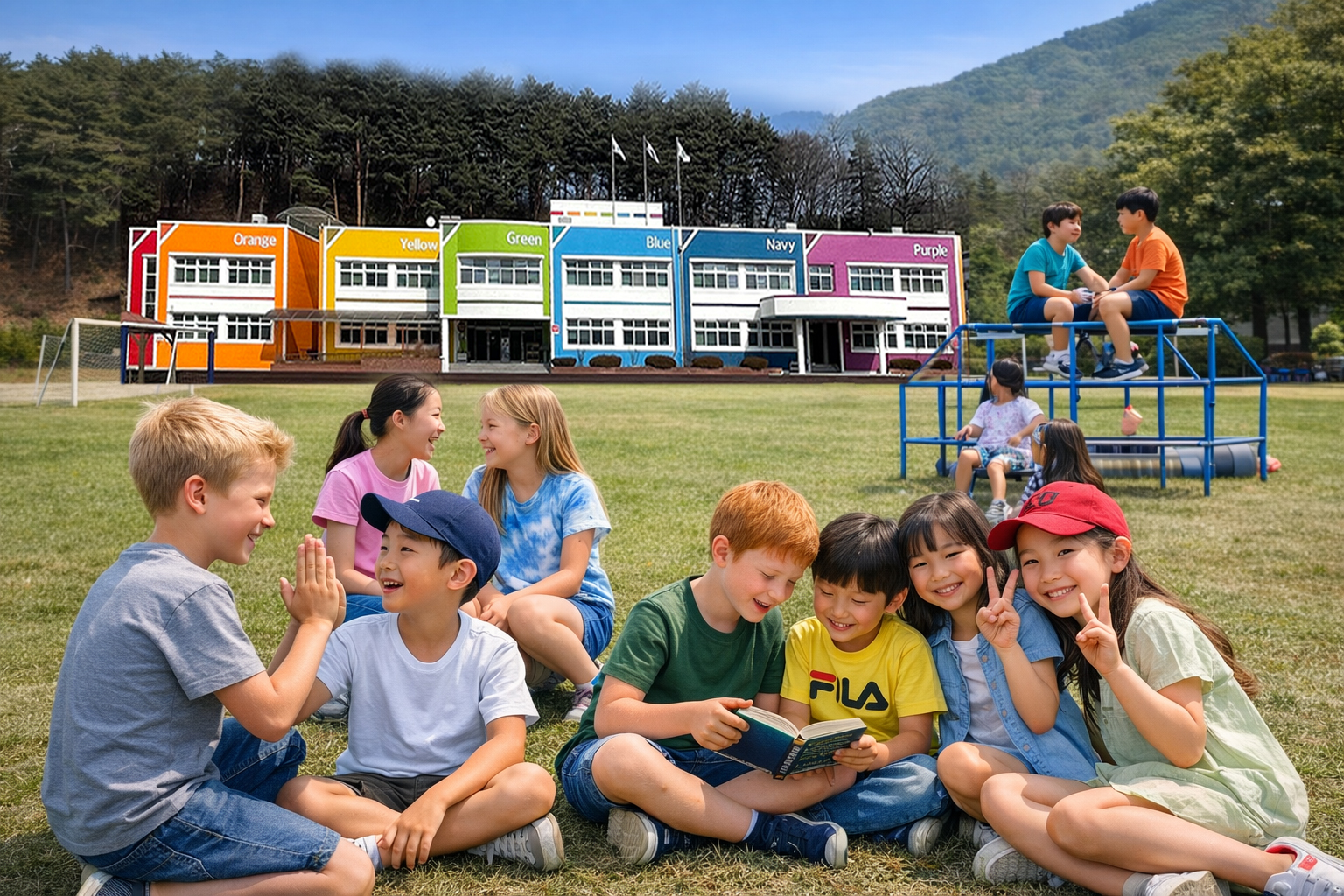 Korean and international children sitting together on school lawn reading and playing, colorful school building and mountains behind